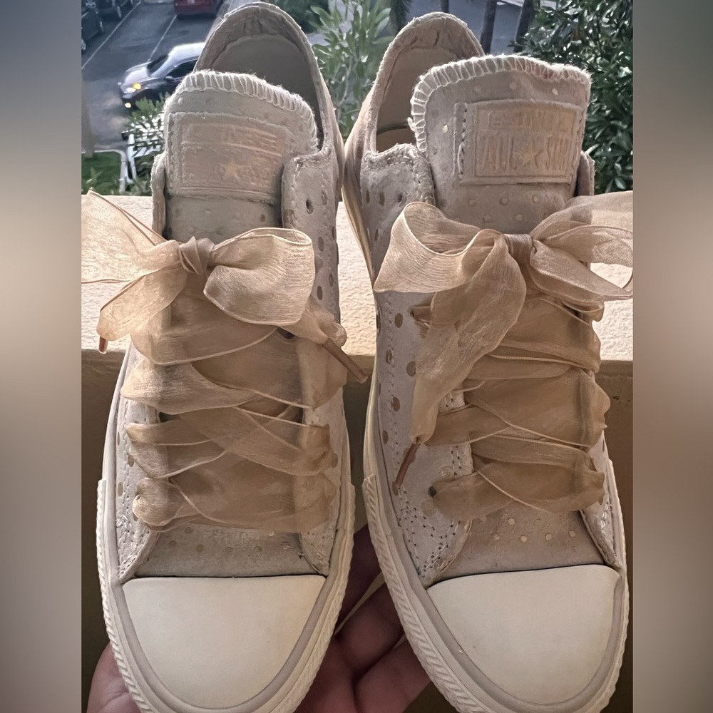 Cream converse with gold metallic dots